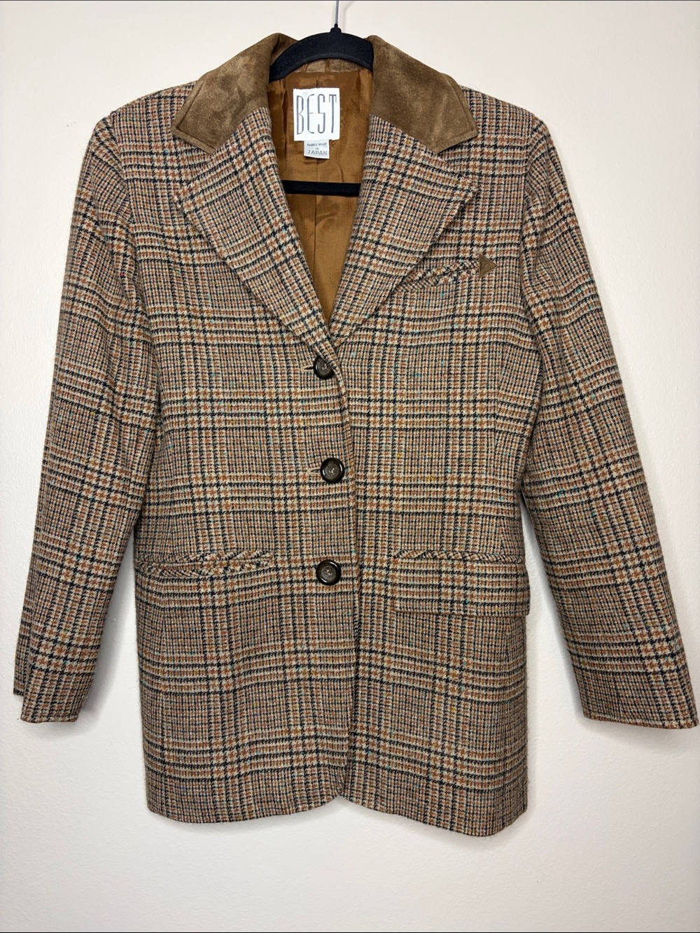 Vintage BEST Pure New Wool Plaid Blazer with Suede Trim Size 8